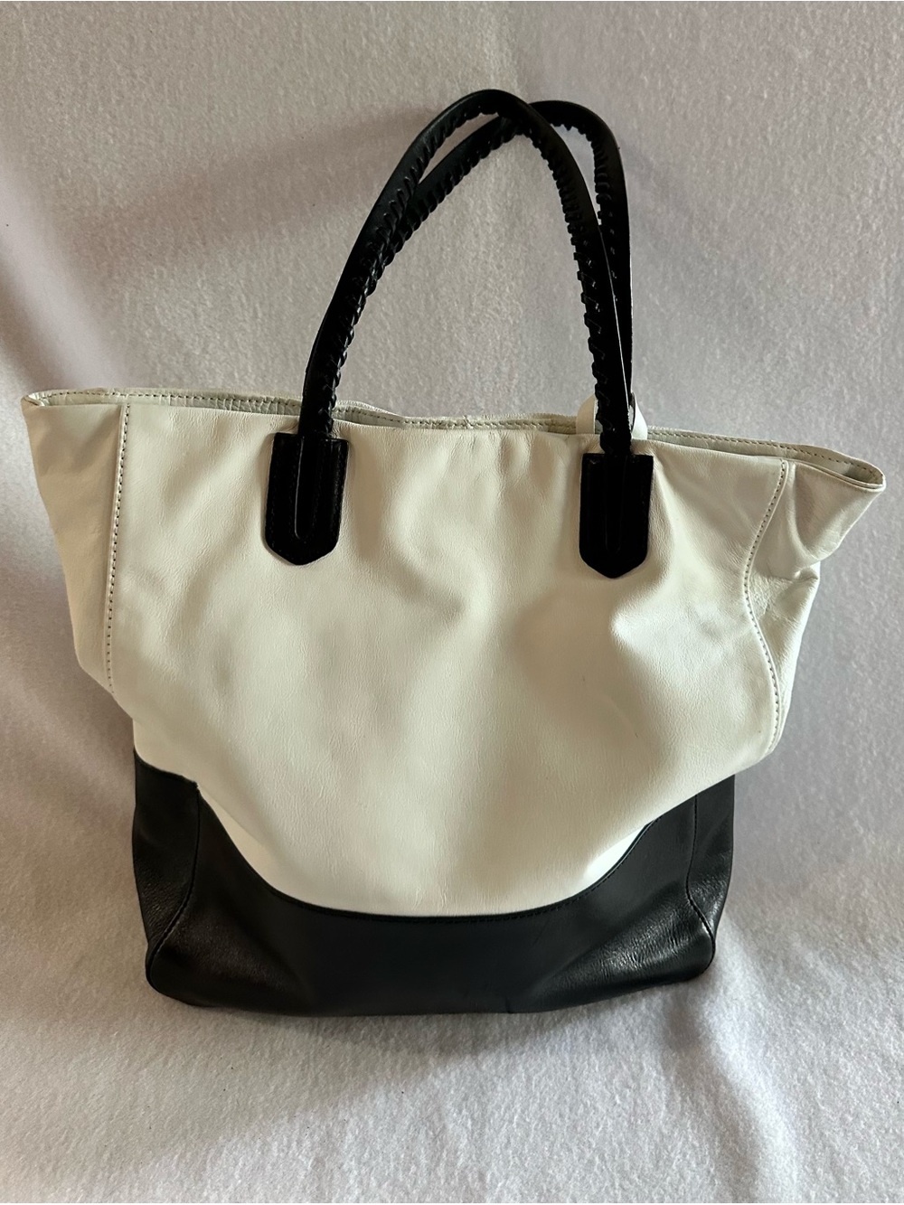 Cynthia Rowley Colorblock Leather Tote Bag White Black Braided Handles